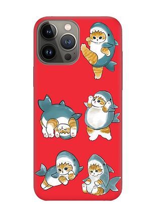 Матовый красный чехол на apple iphone 13 pro :: котенки акулы (принт 381)