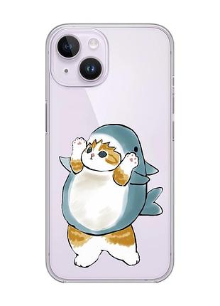 Прозрачный чехол с защитой камеры на iphone 14 :: котенок акула (принт 379)