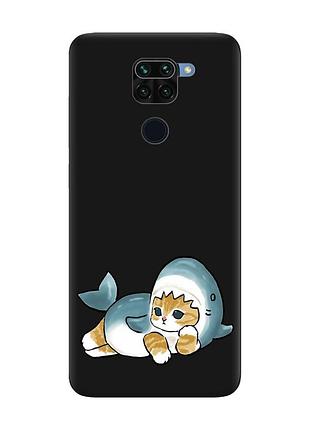 Матовий чорний чохол на xiaomi redmi note 9 :: котик акула (принт 355)