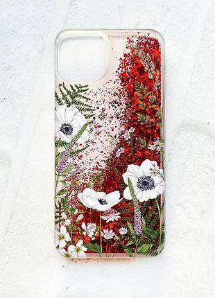 Чохол із плаваючими блискітками на iphone 14 червоний :: квіти польові (принт 363)