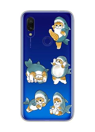 Прозрачный чехол для xiaomi redmi 7 :: котенки акулы (принт 381)