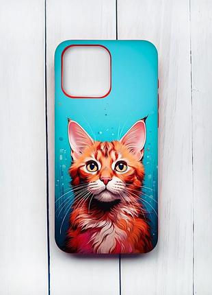 Матовый чехол с красными боками на iphone 15 pro max кошка (принт 408)
