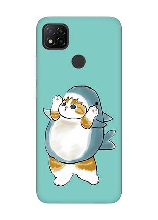 Матовый бирюзовый чехол на xiaomi redmi 9c/10a :: котенок акула (принт 379)