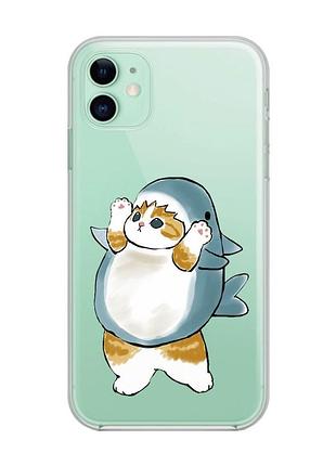 Прозрачный чехол на apple iphone 11 (6,1) :: котенок акула (принт 379)