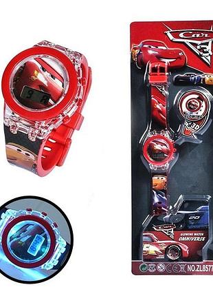 Детские электронные наручные часы с подсветкой тачки (молния маквин) cars mcqueen light watch 2в1, красные