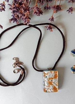 Кулон та сережки з муранського скла murano glass орігінал блакитний + золото