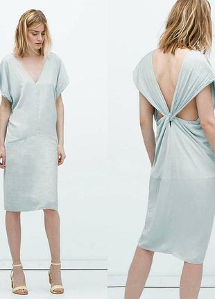 Сатинова сукня міді від бренду zara світло-блакитного кольору з напіввідкритою спинкою