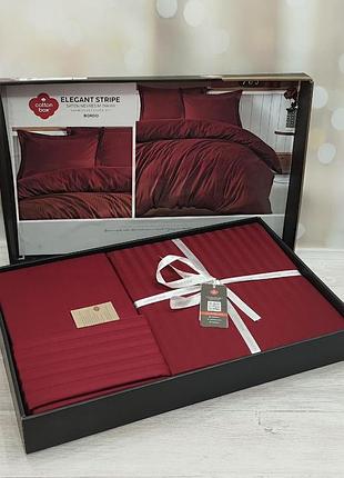 Набор постельного белья сатин страйп cotton box евро размер 200 на 220 см бордовый