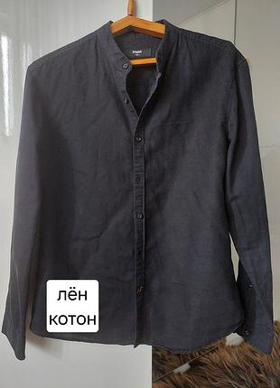 Рубашка лён+котон с воротником стойкой