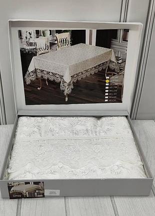 Скатерть с кружевом водоотталкивающая тефлоновая прямоугольная 180 на 300 см simay турция кремовая