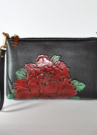 Клатч женский кожаный ручной работы чёрный с нарисованным пионом 23×2,5×15 см