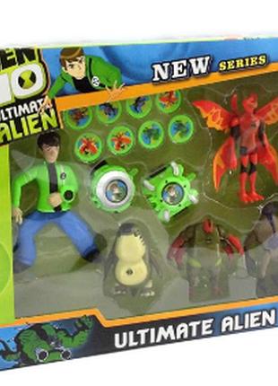 Набор из четырех героев ben 10 с беном и двумя парами часов. в комплекте 8 боевых дисков для стрельбы