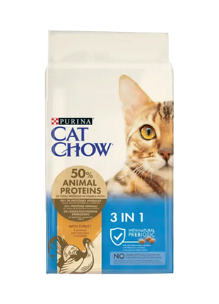 Cat chow 3в1 сухий повнораціонний корм для дорослих котів з формулою потрійної дії, з індичкою 15 кг