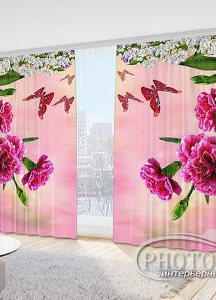 3d фото шторы в зал "гвоздики, сирень и бабочки" 2,7м*4,0м (2 полотна по 2,0м), тесьма