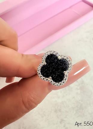 Каблучка срібна конюшина в стилі van cleef та arpels, 925 проба, камінь онікс + куб. цирконій, розміри 15-21