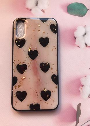 Силіконовий чохол з блискітками для iphone xs max сердечка чорні