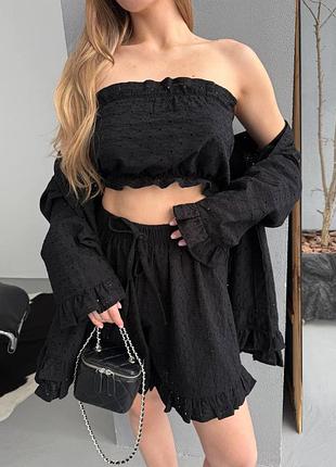 Летний комплект тройка oversize из прошвы, легкий 100% хлопок, черный | 42-48 стильный фактурный сет мод 086