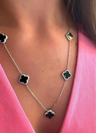 Срібна каблучка в стилі ван кліф, van cleef, 925 проба, камені онікс, кубічний цирконій, довжина 50 см + 5 см