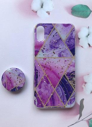 Мраморний силіконовий чохол з блискітками в комплекті з тримачем для apple iphone x/xs фіолетовий
