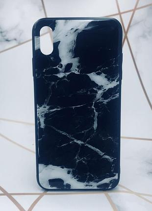 Силиконовый чехол glass case со стеклянной задней панелью для iphone xs max мрамор чёрный