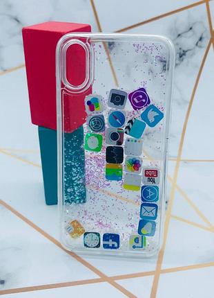 Силиконовый прозрачный чехол с плавающими иконками приложений для iphone x pink