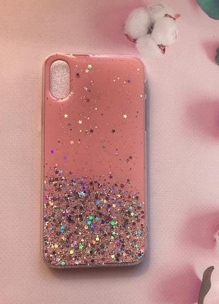 Силіконовий чохол з блискітками для iphone xs max срібло на рожевому
