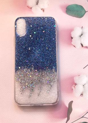 Силіконовий чохол з блискітками для iphone x/xs амбре срібно-синє