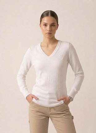 Бомбезний светр puma жіночий середній білий з v-подібним вирізом, довгими рукавами, бавовняний в'язаний пуловер🔥