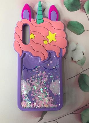 Чехол силиконовый 3d case с переливающимися блёстками для samsung galaxy а50 (2019) а505 единорог фиолетовый