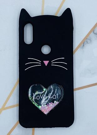 Чехол силиконовый 3d case с переливающимися блёстками для xiaomi redmi play кот черный