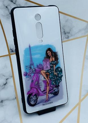 Силіконовий чохол glass case зі скляною задньою панеллю для xiaomi mi 9t/ к20 дівчина і вежа