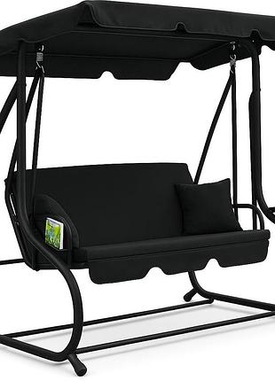 Садовые качели leobro luxury black (lb-1041) большие, 300 кг, с подушками и козырьком