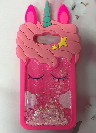 Силіконовий чохол 3d case з переливаються блиском для samsung galaxy j7(2016) j710 яскраво рожевий єдиноріг