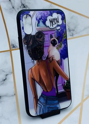 Силіконовий чохол glass case зі скляною задньою панеллю для iphone x/xs дівчина з котом