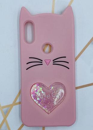 Чехол силиконовый 3d case с переливающимися блёстками для xiaomi redmi play кот розовый