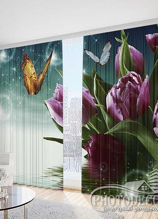 Фото штори "фіолетові тюльпани з метеликами" 2,7м*2,9м (2 полотна по 1,45м), тасьма