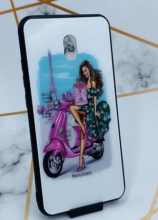 Силіконовий чохол glass case зі скляною задньою панеллю для xiaomi redmi 8a дівчина і вежа