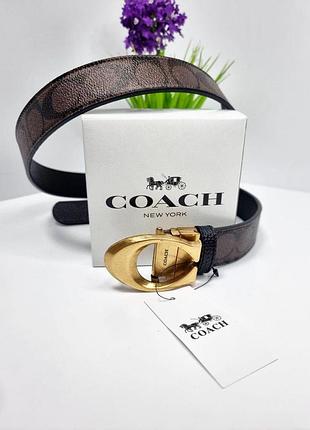 Широкий пасок в коробці шкіряний жіночий ремінь до 120см coach пояс для жінки від коуч з металевою пряжкою коричневий