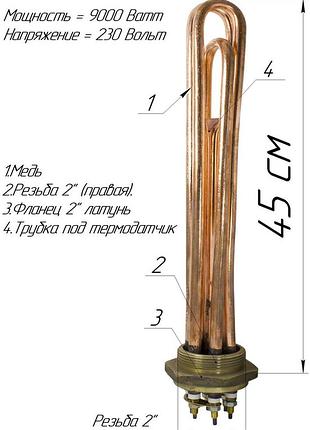 Блок-тэн 9,0 квт, резьба 2" - медный тэн