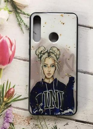 Защитный глянцевый чехол с рисунком для huawei y6p девушка в чёрном