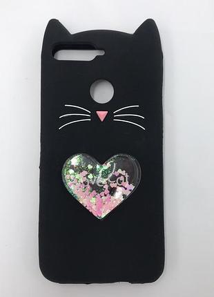 Чохол силіконовий 3d case з переливаються блиском для huawei y6 2018 кіт чорний
