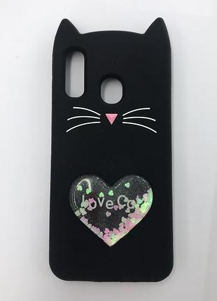 Чехол силиконовый 3d case с переливающимися блёстками для samsung galaxy а20е кот чёрный