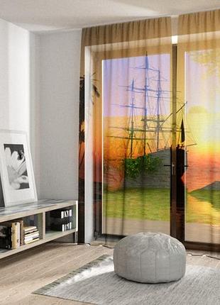 Фототюль 3d “корабель на заході сонця” | комплект 2 шт 130×260 см | креп-шифон | тасьма