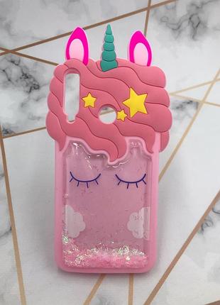 Чехол силиконовый 3d case с переливающимися блёстками для huawei р40 lite e / y7p / honor 9c единорог розовый