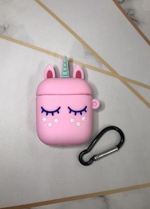 Силиконовый 3d чехол для наушников airpods 1 и 2 поколения единорог розовый