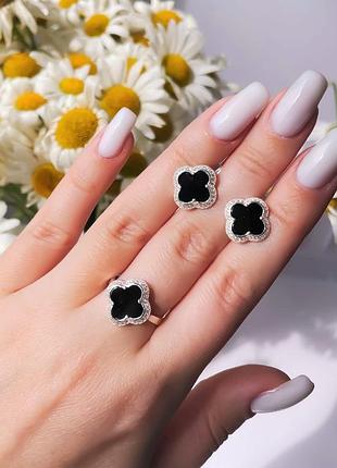 Серебряный комплект клевер, с фианитами, серьги и кольца, 925 проба, размеры 15 - 21 родий