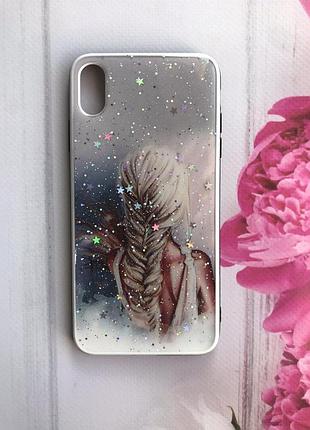 Силіконовий чохол з малюнком і блискітками для iphone xs max дівчина з косою