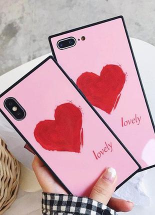Силиконовый глянцевый квадратный чехол для iphone 7 plus, 8 plus розовый с сердечком