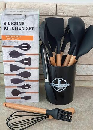Кухонный набор silikone kitchen set черный из силикона с бамбуковой ручкой из 12 предметов