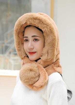 Капюшон с шарфом из экомеха бежевый